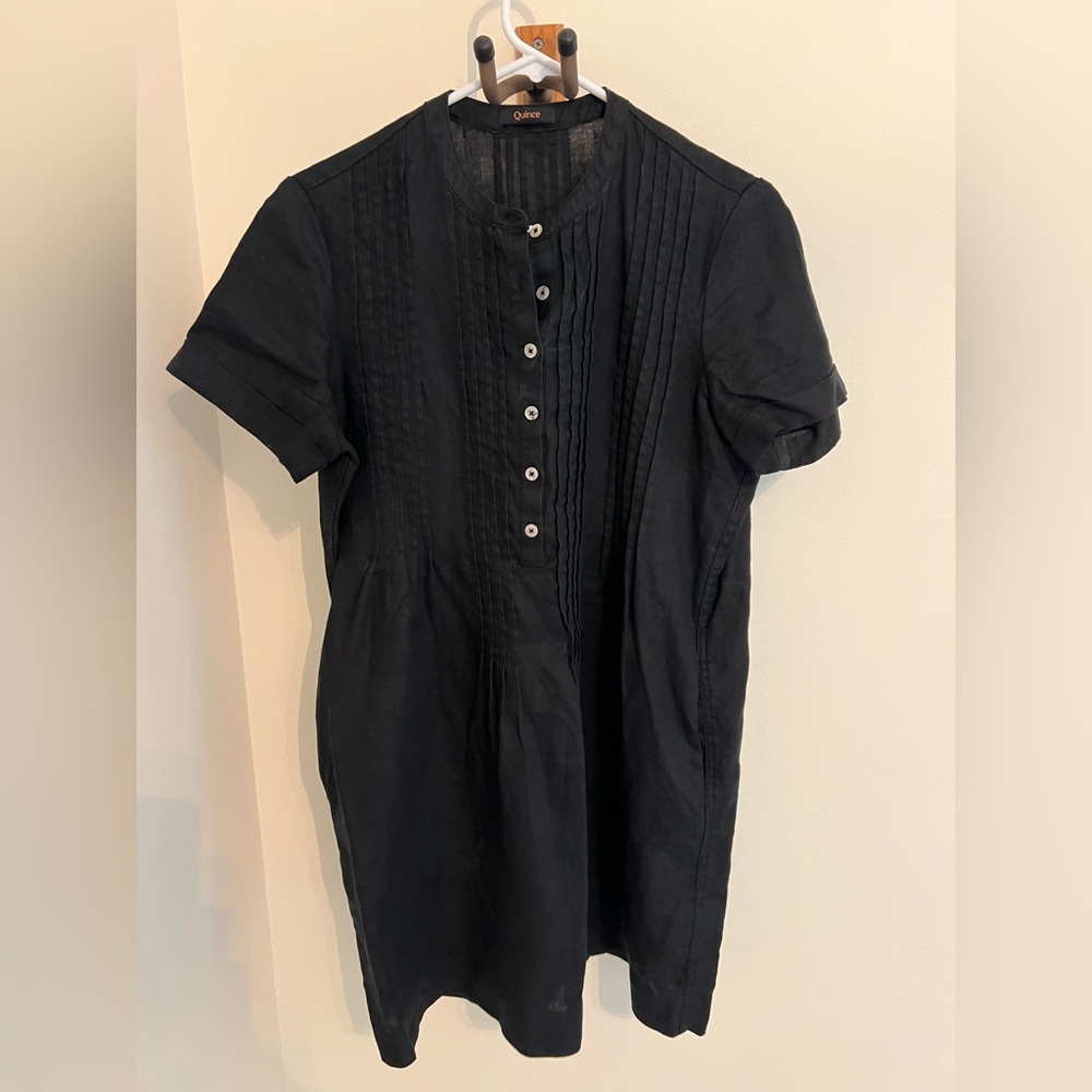 Quince Black 100% European Linen Short Sleeve Swing Dress